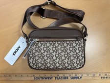 NWT DKNY Logo Crossbody Camera Bag Brown Monogram Adjustable Strap Purse picture