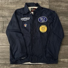 VTG 70s FORD THUNDERBIRD CAR CLUB PATCH WINDBREAKER JACKET BLUE BUTTON UP SZ M picture