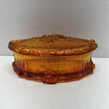 Fenton Amberina Oval Trinket Box With Cover in the Cabbage Rose Pattern 6.5” picture