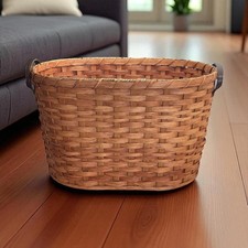 Amish Handmade Large Oval Laundry Basket Solid Oak Bottom Leather Handles picture