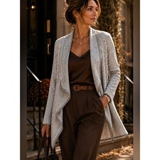 Vince Camuto 100% Cotton Gray White Herringbone Open Front Cardigan L picture