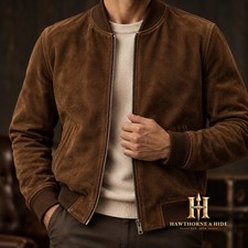 Men's Brown Suede Bomber Jacket Zip Up Casual Flight Coat Biker Leather Jacket picture