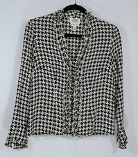 Talbots Womens Black and Ivory Hounds tooth Ruffled Pure Silk Shirt Blouse 4P picture