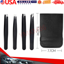 US Tweezers Set 4 Piece Professional Black Plucker Stainless Steel With Case picture