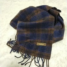 Paul Stuart Scarf Cashmere 100 Navy Brown Check picture