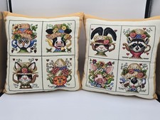 Hand Stitched Counted Cross Stitch Animal Teapot Accent Pillows Set of 2 picture