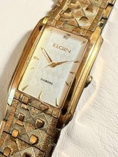 Vintage Elgin Gold Tone Diamonds Date Stainless Steel Quartz Watch New Battery  picture