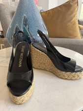 NWOT Stuart Weitzman Size 5.5 Black and Tan Island Peep-Toe Espadrille Wedges picture