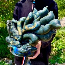 18LB  Hand Carved Labradorite Nine Tailed Fox Gemstone StatueCrystalOrnamentGift picture