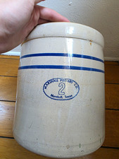 Antique Marshall Pottery 2 Gallon Stoneware Crock Blue Oval Stamp Double Band TX picture