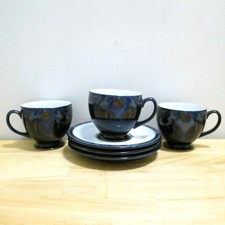Denby Baroque England Footed X3 Tea Coffee Cups & Saucers Cobalt Blue Flower picture