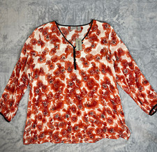 Chico's Women Sz 3 Plus White Brown Floral Silk V-Neck 3/4 Sleeve Sheer Blouse picture