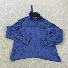 Saloni Emile-D Shirt Womens 10 Navy Satin Devore Silk Ruffle Top Blouse picture