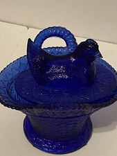 Vintage Cobalt Blue Westmoreland Chick On Basket Hen On Nest picture