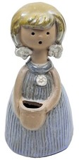 Vintage KIC Japan Redware Figurine Blonde Girl With Pot & Flower Earrings 4.5” picture