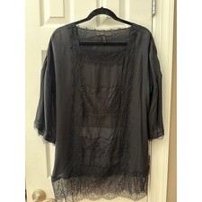 BCBG Max Azria Black Lace Panel Tunic Blouse Sheer 3/4 sleeve Size Medium picture