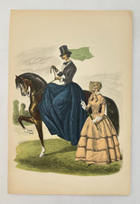 Antique 1845 Victorian Lady Sidesaddle Horse Hand Colored Fashion Print picture