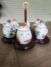 Lenox Orchard Jam Jar Collection Set of 6 Porcelain Jars Spoons Wooden Carousel picture