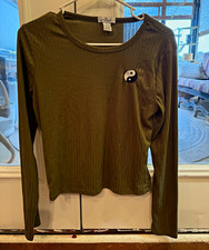 Vintage 90s-Y2K Love Streak Olive Green Ribbed Yin Yang / Ying Yang Top – Womens picture