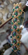 Boucher Gold Tone Emerald Cabochon Blue Enamel Link Bracelet Box Closure picture