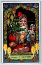 c1910s Christmas Santa Claus With Doll Toys Candle Lights Gel Gold Gilt Postcard picture