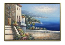 NY Art-Original Oil Painting of Seaside Town View on Canvas 24x36 Framed picture