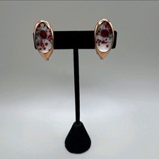 VINTAGE MATISSE RENOIR EARRINGS CLIP ON ENAMEL RED WHITE SIGNED COPPER 1 1/4