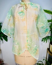 VTG 70'S BOHO DISCO HIPPIE SHEER TIE COVER UP SHIRT TOP GREEN&YELLOW FLORAL*S/M picture