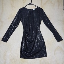 H&M Women’s Medium Black Sequin Mini Dress Long Sleeve Ruched Bodycon Party NWT picture