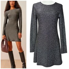Reformation Dress M Riley Fit & Flare Long Sleeve Metallic Dress Sparkly LBD picture