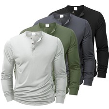 Men's Cotton Henley Shirt Long Sleeve Solid Color Casual Tee New picture