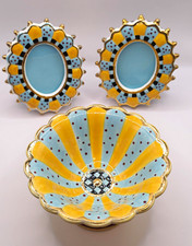 Vintage Seymour Mann Ceramic Photo Frames Set & Pedestal Bowl Yellow Blue Dot picture