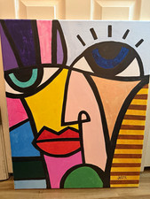 JUSTO Abstract Pop Art Face Portrait Painting Signed Large Canvas Unframed picture