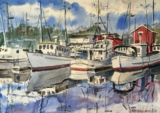 Lew Williams Original Watercolor Ilwaco, Harbor Marina, Boats 10