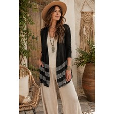 Chicos Travelers Collection Black Striped Open Front Cardigan Knit Size 2 L picture