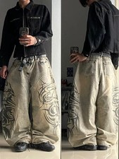 Y2K Baggy Denim Jeans Tribal Flame Graphic Wide Leg Streetwear Pants picture