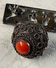ANTIQUE STERLING SILVER FIGURIAL BAR BROOCH WITH CORAL STONE PILL BOX picture
