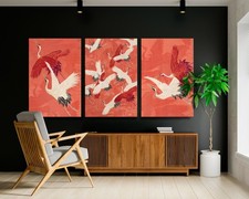 Red Crane Bird Illustration Vintage Japanese Canvas Print Japan Crane Kimono Art picture