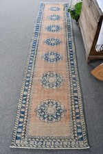 2,5x10,6 ft Vintage Rug, Turkish Runner Rug, Blue Patchwork Wool Rug picture