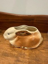 Vintage Ceramic Bunny Rabbit Planter, Tan and Cream with Gold Ears and Feet picture
