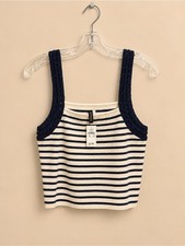 Aerie NWT Navy Cream Striped Knit Crochet Strap Crop Tank Top L NWT picture