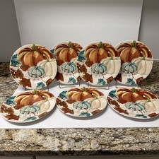 Set Of 7 Royal Norfolk Dinner Plates Fall Pumpkin Gathering Theme 10.5” EUC picture