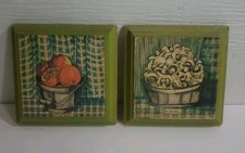 Vintage Fruit Vegetable Green Plaques Kitchen Decor Toni Evins Marks Set of 2 picture
