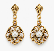 Vintage 14K Yellow Gold Filigree Pearl Drop Earrings 1.41g Stamped picture