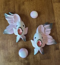 Miller Studio Pink Chalkware Fish Bubbles Wall Plaques 1970 Kitschy Grandmacore picture