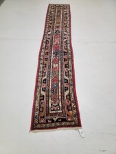 Antique Oriental Hand-Knotted Wool Runner Red/Blue/Ivory/Salmon  1'9