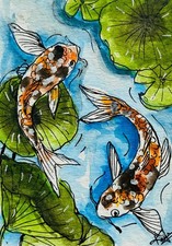 ACEO Original watercolor Painting Koi Fish Lily Pads Pond Nature Zen Water Art picture