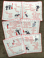 Vintage Cocktail Napkins MCM Humorous Nursery Rhymes Barware Signed M Set of 6 picture