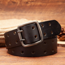 Men's Belt Retro Punk Style Cowhide Leather Double Hole Heavy Duty Width 3.7cm picture