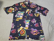 Vintage Expressions Worldwide Shirt Mens Medium Black Rayon Abstract Art 90s picture